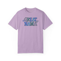 Alt text: Great Nama Tee: Purple t-shirt with blue text, made of 100% ring-spun cotton. Medium weight, relaxed fit, double-needle stitching for durability, seamless design for comfort. From Worlds Worst Tees.