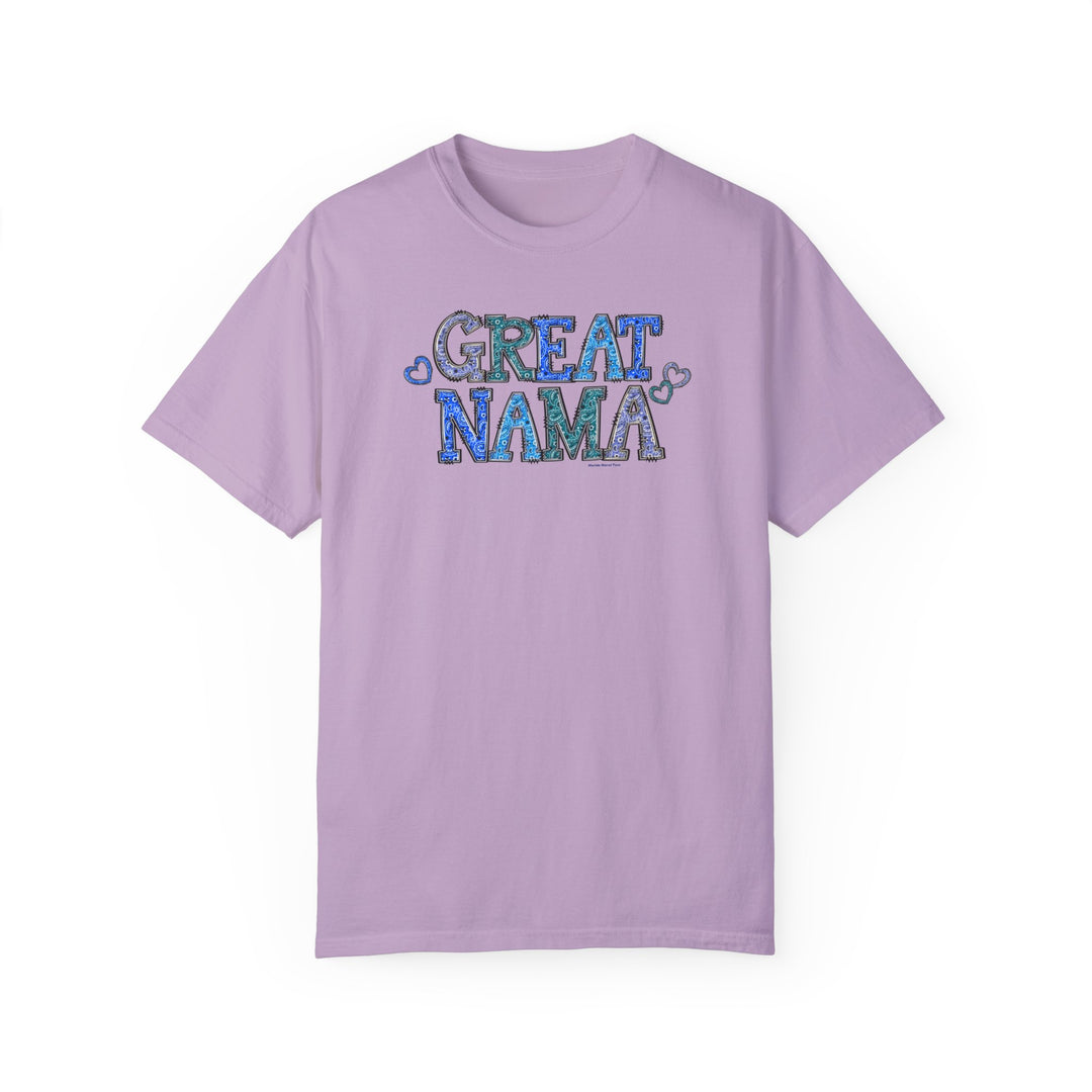 Alt text: Great Nama Tee: Purple t-shirt with blue text, made of 100% ring-spun cotton. Medium weight, relaxed fit, double-needle stitching for durability, seamless design for comfort. From Worlds Worst Tees.