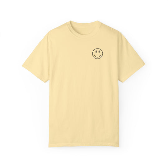 God Day to Have a Good Day Tee: Yellow t-shirt with smiley face. 100% ring-spun cotton, garment-dyed, relaxed fit, double-needle stitching, no side-seams. Medium weight, durable, cozy addition to your wardrobe.