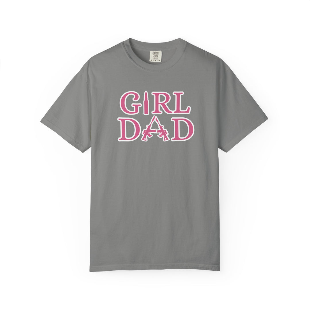 Grey Girl Dad Tee with pink text, featuring a relaxed fit, durable double-needle stitching, and soft-washed, garment-dyed 100% ring-spun cotton fabric.