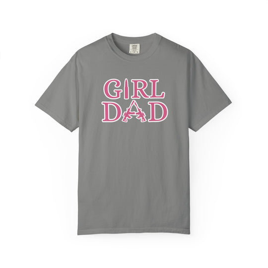 Grey Girl Dad Tee with pink text, featuring a relaxed fit, durable double-needle stitching, and soft-washed, garment-dyed 100% ring-spun cotton fabric.