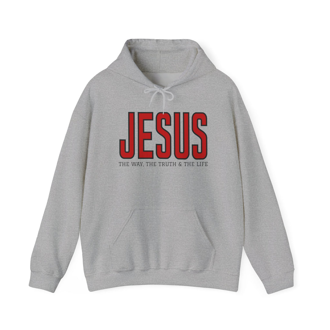 Light gray pullover hoodie featuring JESUS in bold red, with THE WAY, THE TRUTH & THE LIFE tagline. Includes kangaroo pocket and drawstring hood.