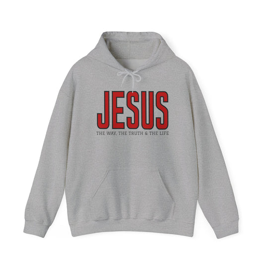 Light gray pullover hoodie featuring JESUS in bold red, with THE WAY, THE TRUTH & THE LIFE tagline. Includes kangaroo pocket and drawstring hood.