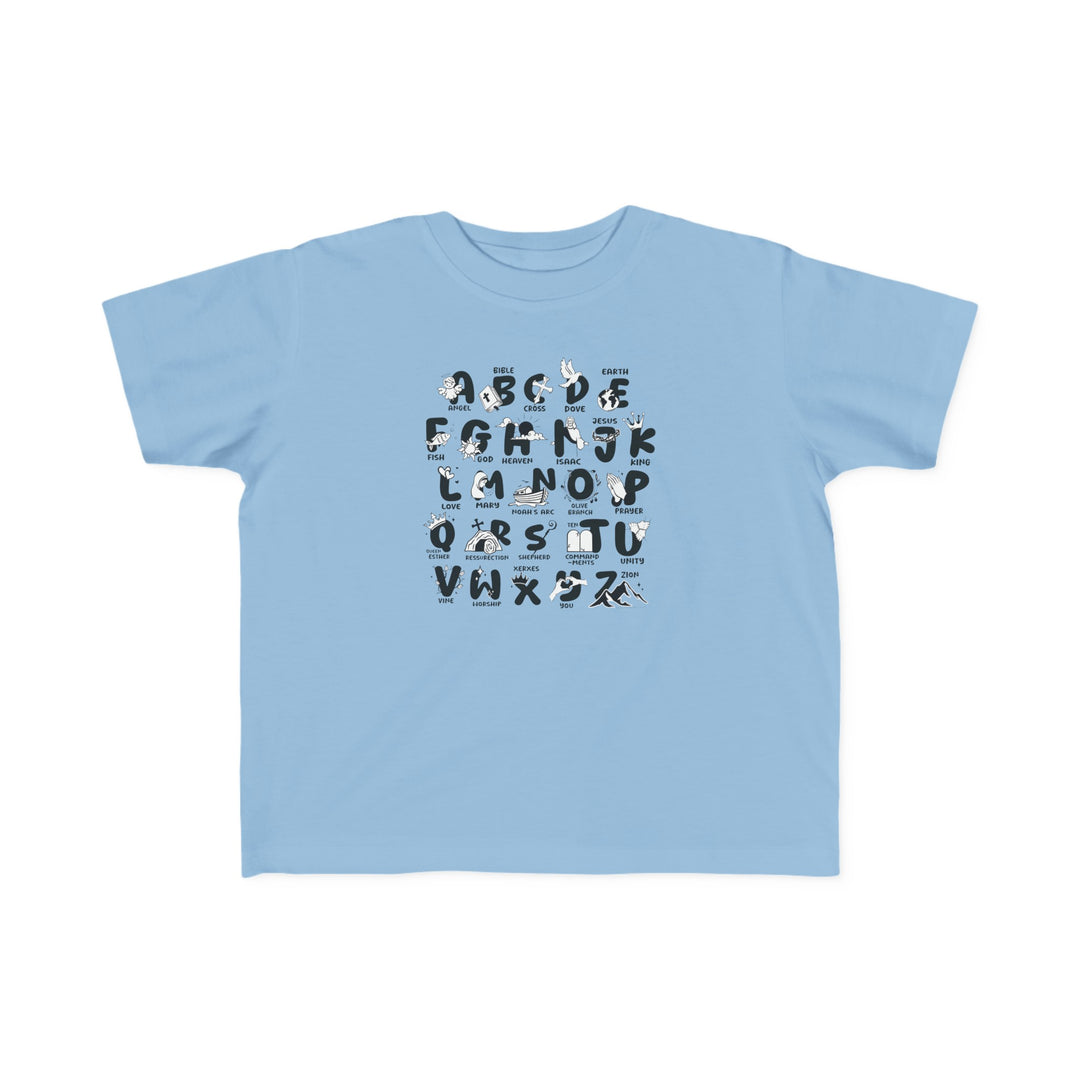 Bible Alphabet Toddler Tee: Blue shirt with black and white alphabet letters. Soft 100% combed ringspun cotton, light fabric, tear-away label. Perfect for sensitive skin, durable print, ideal for toddlers.