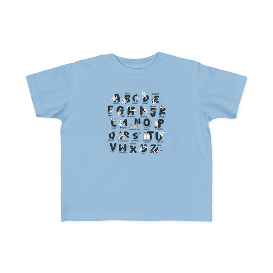Bible Alphabet Toddler Tee: Blue shirt with black and white alphabet letters. Soft 100% combed ringspun cotton, light fabric, tear-away label. Perfect for sensitive skin, durable print, ideal for toddlers.