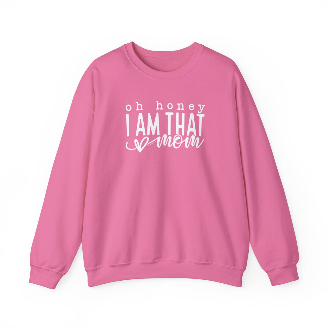 Unisex heavy blend crewneck sweatshirt, Oh Honey I'm that Mom Crew, featuring ribbed knit collar, no itchy side seams, 50% cotton, 50% polyester, loose fit, medium-heavy fabric. Sizes: S-5XL.