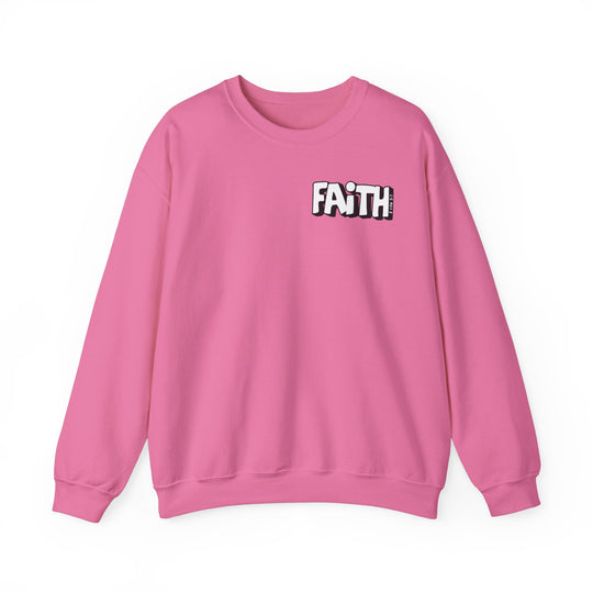 A pink sweatshirt with Walk By Faith Not By Sight text, ideal for comfort. Unisex heavy blend crewneck made of 50% Cotton 50% Polyester, ribbed knit collar, loose fit, no itchy side seams.