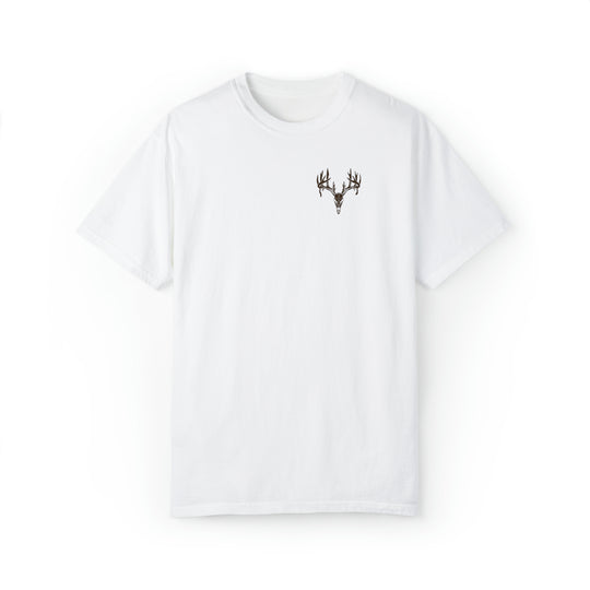 Unisex Tagged Out Tee: White t-shirt featuring a deer head design. Made of 80% ring-spun cotton and 20% polyester, with a relaxed fit and rolled-forward shoulder. From Worlds Worst Tees.