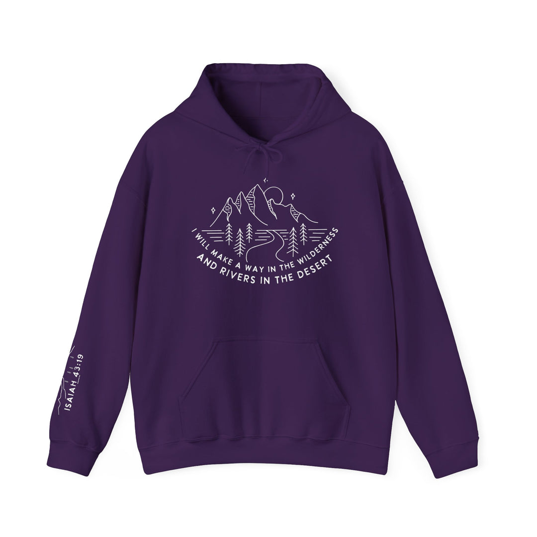 A purple unisex heavy blend hooded sweatshirt with a mountain logo, made of 50% cotton and 50% polyester. Features a kangaroo pocket and matching drawstring. Ideal for cold days.