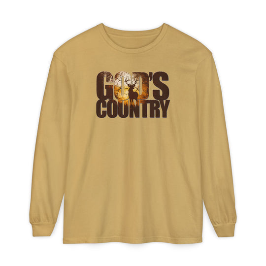 God's Country Long Sleeve Tee features GOD'S COUNTRY graphic with a sunset, trees, and stag silhouette, crafted from 100% ring-spun cotton, offering a relaxed fit.