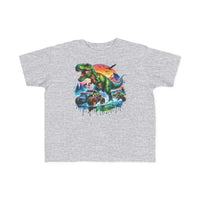 Dino Truck Toddler Tee featuring a roaring T-rex with monster trucks in a dynamic sunset scene, perfect for toddlers with soft, durable cotton fabric.