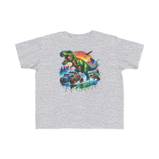 Dino Truck Toddler Tee featuring a roaring T-rex with monster trucks in a dynamic sunset scene, perfect for toddlers with soft, durable cotton fabric.