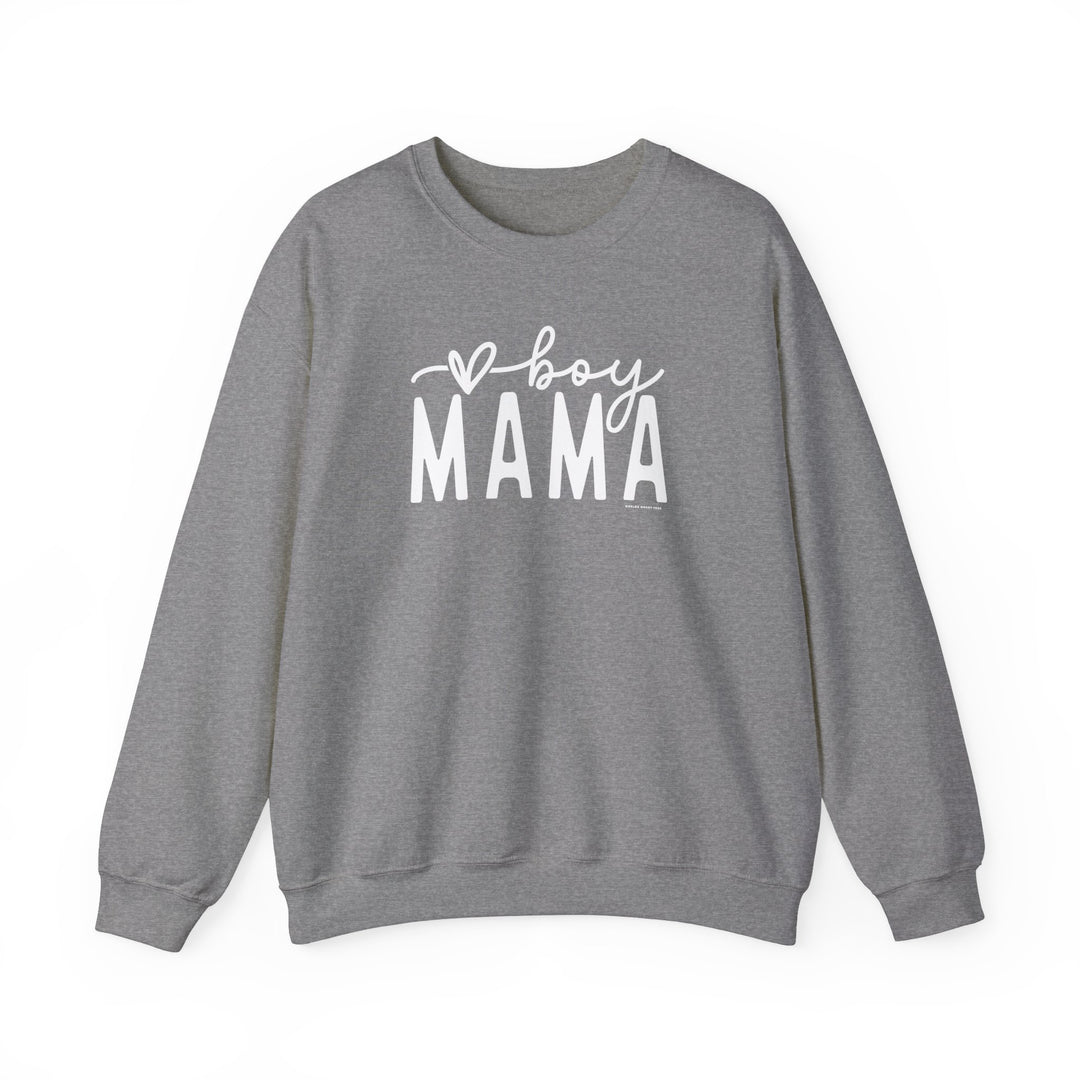 Unisex Boy Mama Crew heavy blend sweatshirt in grey with white text. Made of 50% cotton, 50% polyester, ribbed knit collar, no itchy side seams. Medium-heavy fabric, loose fit, true to size.