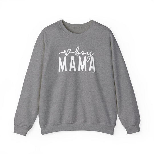Unisex Boy Mama Crew heavy blend sweatshirt in grey with white text. Made of 50% cotton, 50% polyester, ribbed knit collar, no itchy side seams. Medium-heavy fabric, loose fit, true to size.