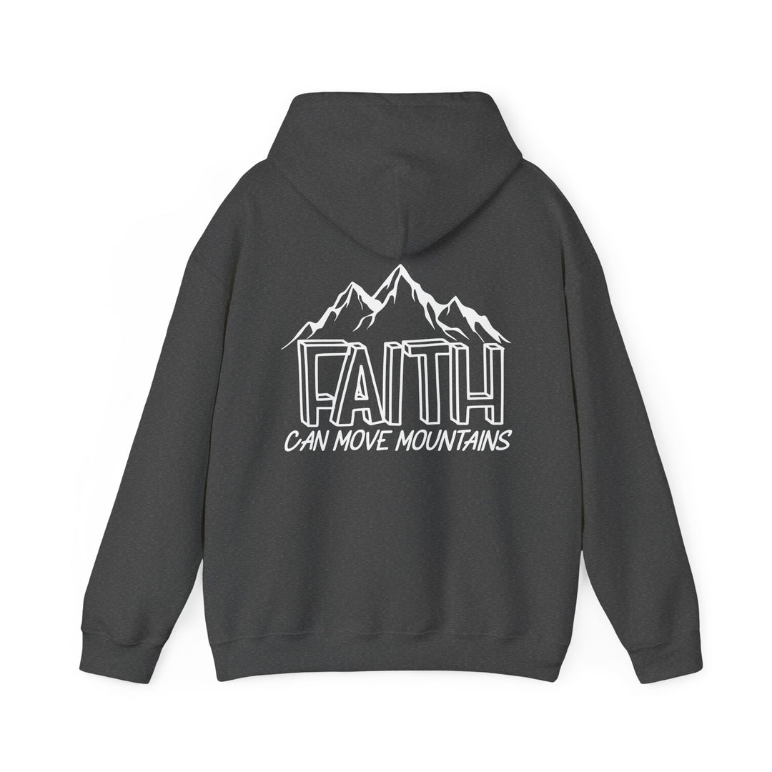 A heavy blend hooded sweatshirt featuring Faith Can Move Mountains text. Unisex, cotton-polyester fabric for warmth. Kangaroo pocket, drawstring hood. Classic fit, tear-away label. Ideal for cold days.