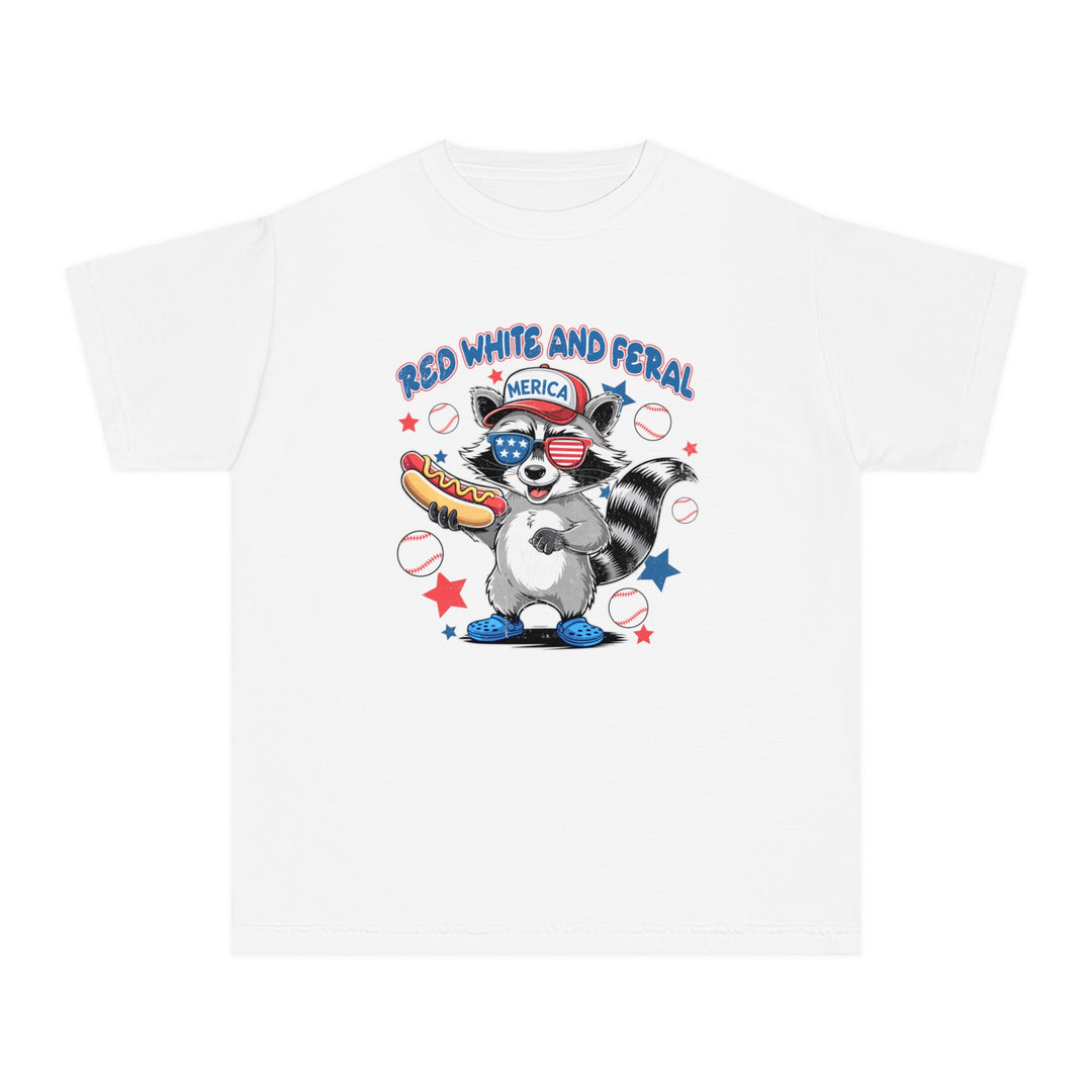 Red White and Feral Baseball 4th Kids Tee, a soft, classic-fit t-shirt made from 100% combed ringspun cotton, ideal for active children's daily wear.