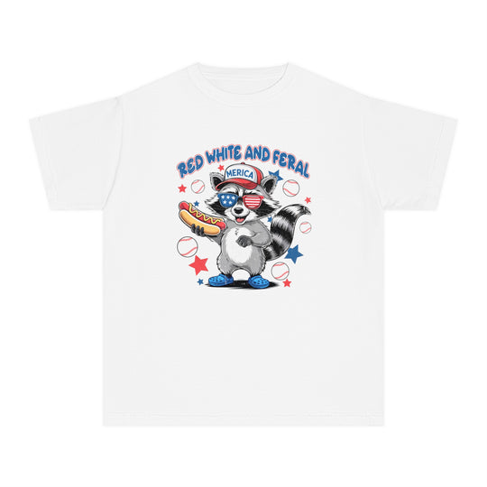 Red White and Feral Baseball 4th Kids Tee, a soft, classic-fit t-shirt made from 100% combed ringspun cotton, ideal for active children's daily wear.