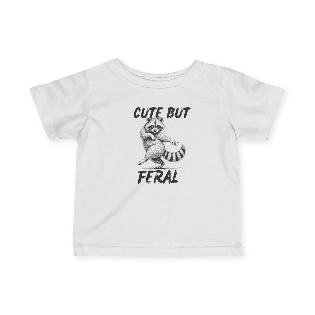 Cute but Feral Baby Tee featuring a raccoon sketch and bold text, designed for toddlers, made from soft ring-spun cotton for comfort and durability.
