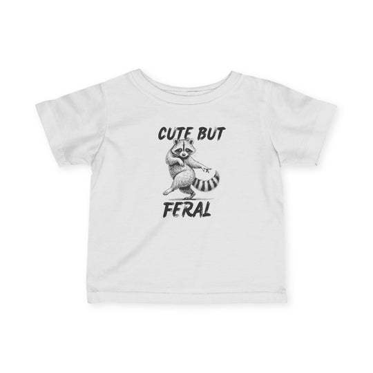 Cute but Feral Baby Tee featuring a raccoon sketch and bold text, designed for toddlers, made from soft ring-spun cotton for comfort and durability.
