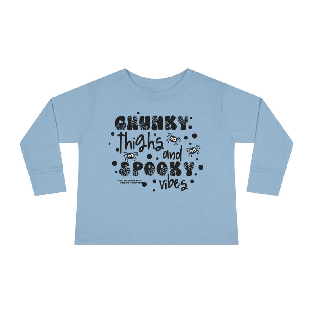 Chunky Thighs and Spooky Vibes Toddler Long Sleeve Tee, featuring durable 100% combed ringspun cotton fabric, ribbed collar, and EasyTear™ label for sensitive skin. Unisex fit for lasting comfort.