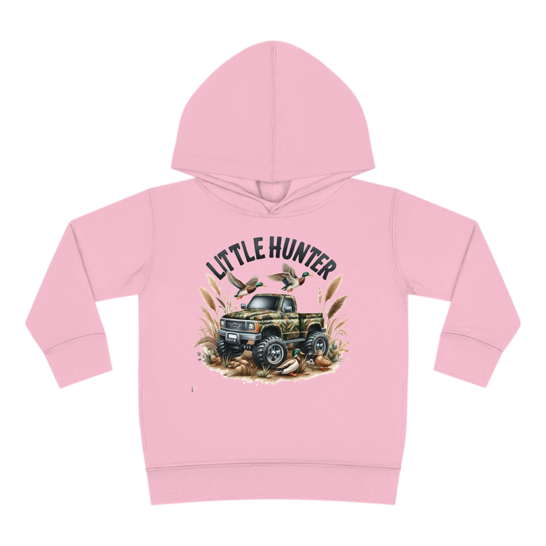 Little Hunter Toddler Hoodie featuring a pink design with a truck and birds. Jersey-lined hood, cover-stitched details, and side pockets for durability and coziness. Ideal for active kids.