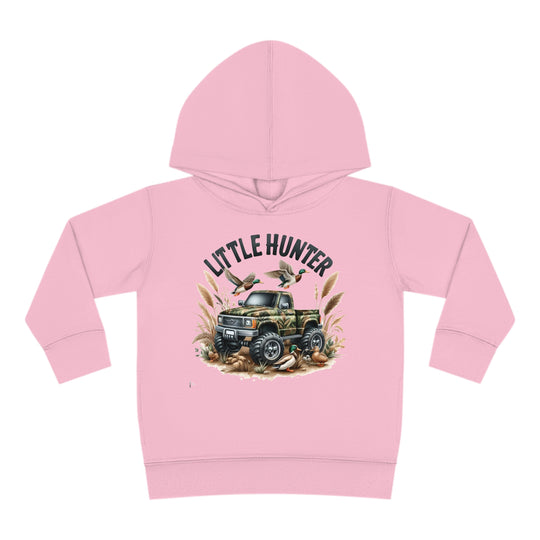 Little Hunter Toddler Hoodie featuring a pink design with a truck and birds. Jersey-lined hood, cover-stitched details, and side pockets for durability and coziness. Ideal for active kids.