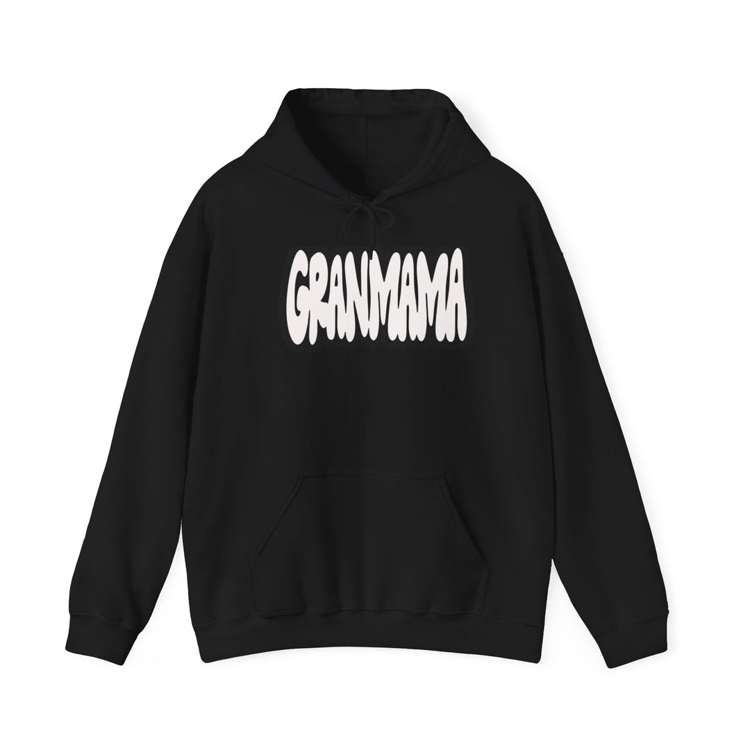 Granmama Hoodie: A black sweatshirt with white text, featuring a cozy hood and kangaroo pocket. Unisex, cotton-polyester blend for warmth and comfort on chilly days. Classic fit, tear-away label, sizes S to 5XL.