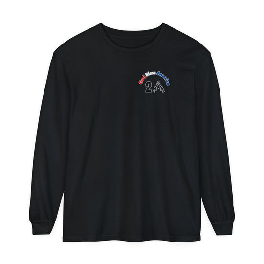 God Bless America 2A Long Sleeve Tee: Black shirt with logo, 100% ring-spun cotton, garment-dyed fabric, relaxed fit for comfort. Ideal for casual settings. Classic Fit.