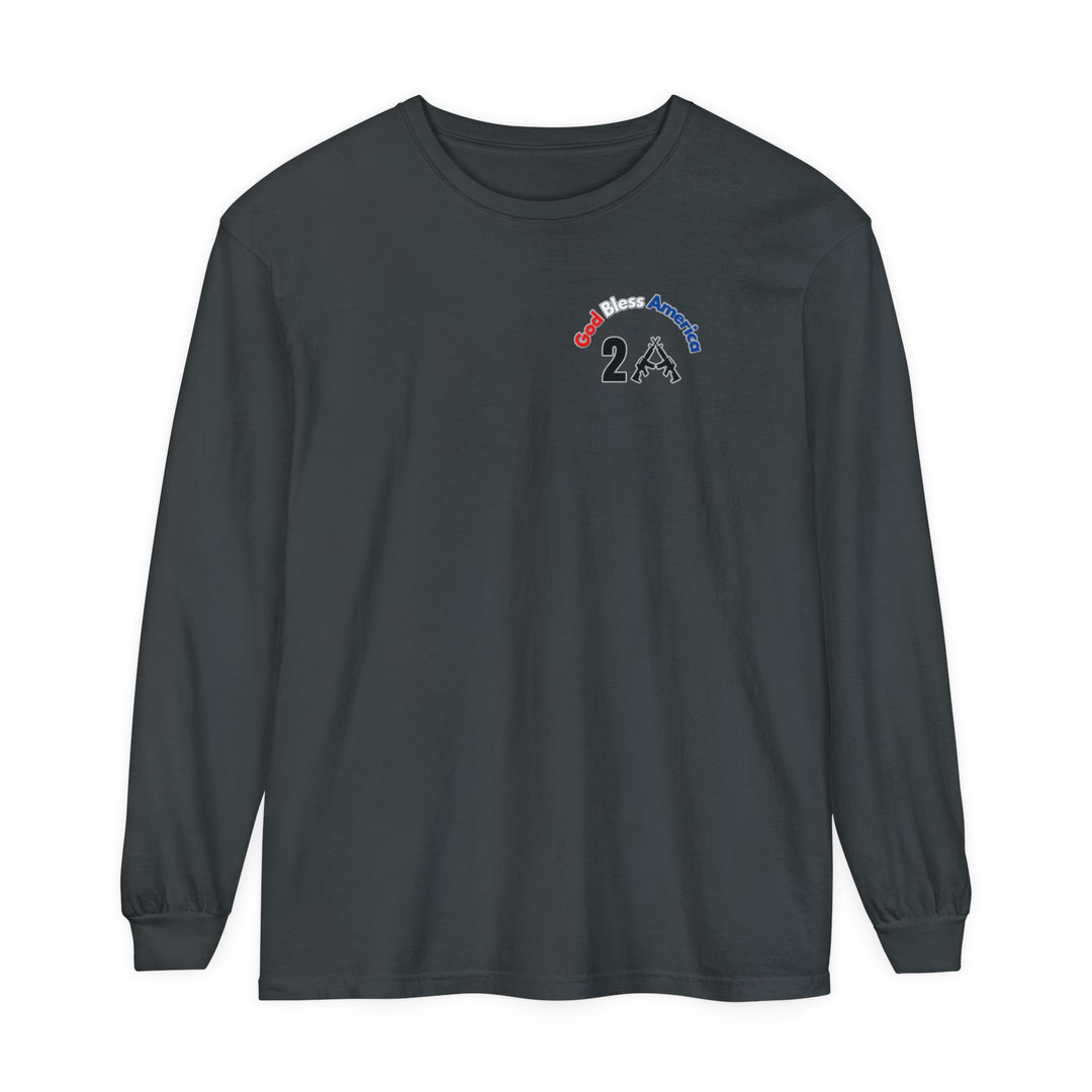 A classic black long-sleeve tee with a logo featuring text and guns, embodying the God Bless America 2A Long Sleeve Tee by Worlds Worst Tees. Made of 100% ring-spun cotton for softness and style.