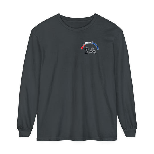 A classic black long-sleeve tee with a logo featuring text and guns, embodying the God Bless America 2A Long Sleeve Tee by Worlds Worst Tees. Made of 100% ring-spun cotton for softness and style.