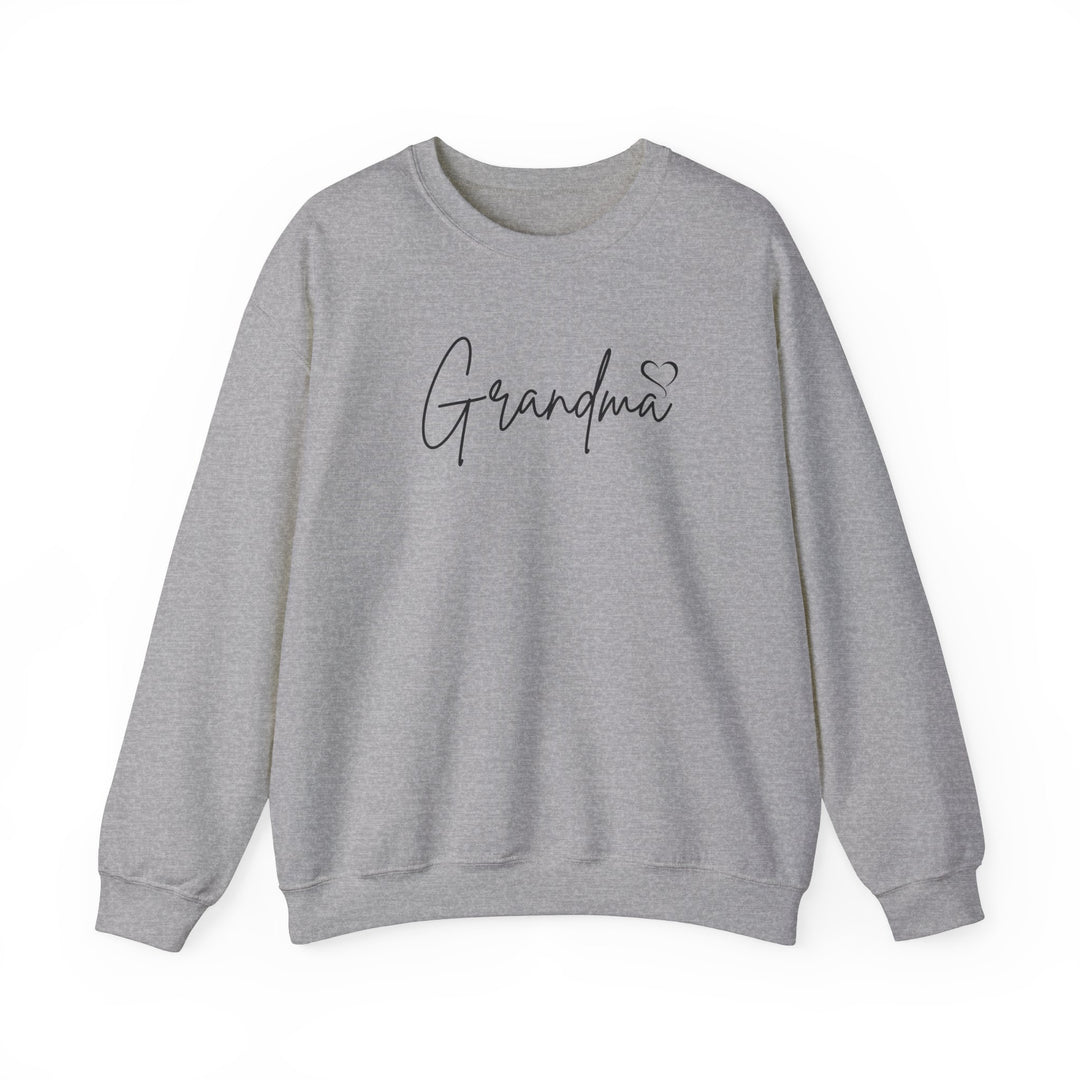 A heavy blend crewneck sweatshirt featuring Grandma Love Crew text. Unisex, 50% cotton, 50% polyester, ribbed knit collar, no itchy side seams, loose fit, medium-heavy fabric. Sizes: S-5XL.