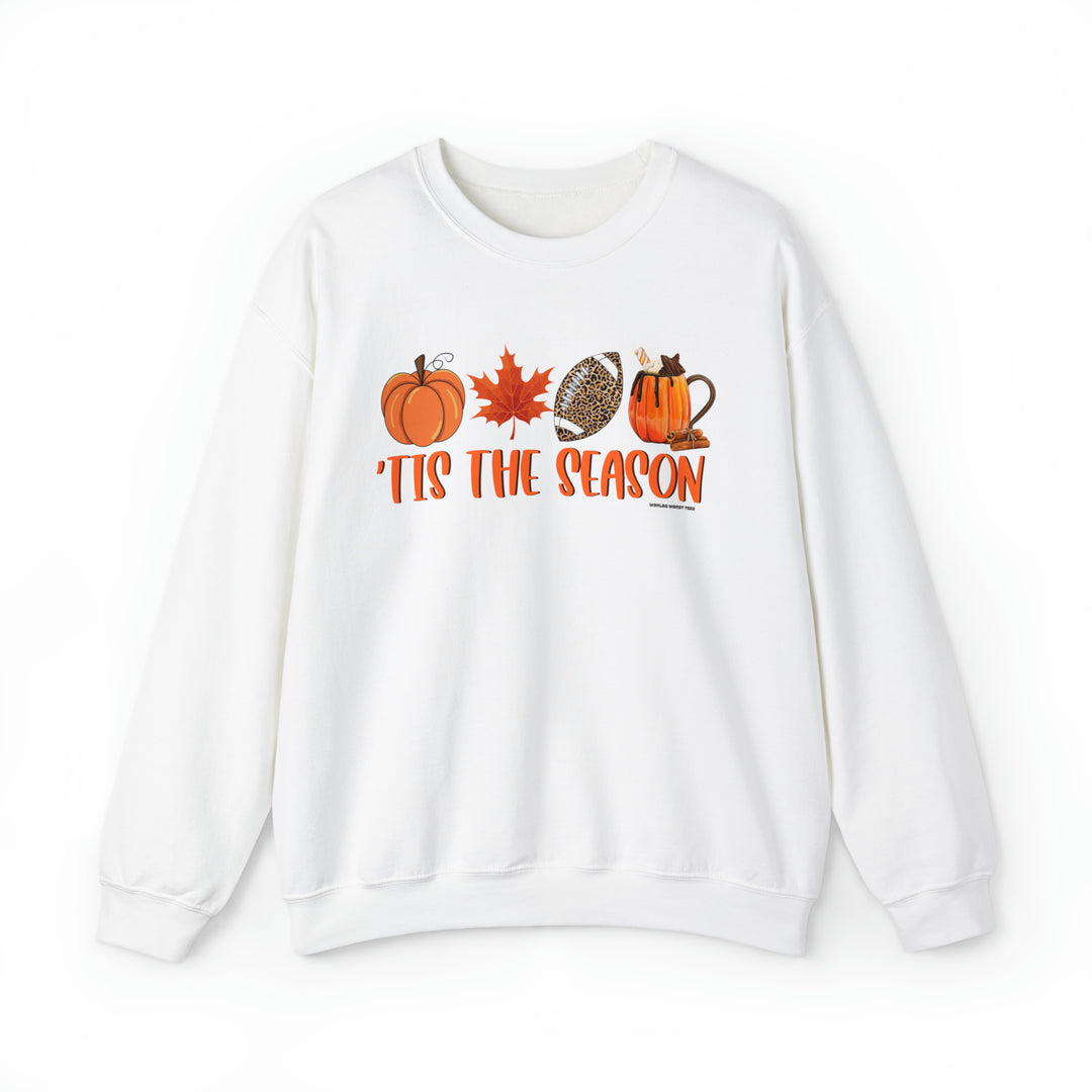 Unisex heavy blend crewneck sweatshirt, Tis the Season Crew, featuring fall leaves, pumpkins, and footballs. Comfortable, loose fit with ribbed knit collar. 50% cotton, 50% polyester. Ideal for any occasion.