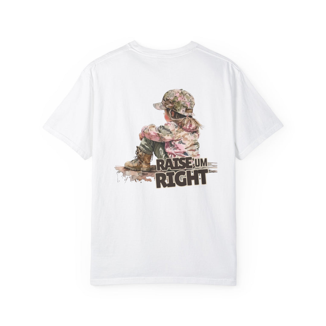A white t-shirt featuring a child's image, part of the Raise Um Right Tee collection at Worlds Worst Tees. Made of 100% ring-spun cotton, with a relaxed fit and durable double-needle stitching.