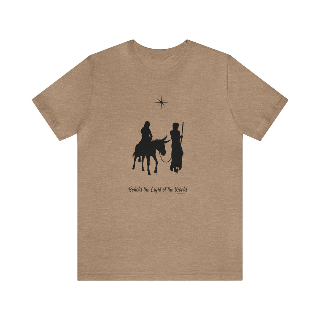 A brown tee featuring a silhouette of two men riding horses, embodying adventure and style. Unisex jersey tee with Airlume cotton, ribbed knit collars, and taping for lasting fit. From 'Worlds Worst Tees'.