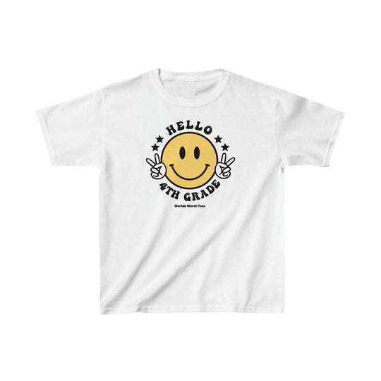 Hello 4th Grade Kids Tee: White shirt with yellow smiley face, peace signs, and text. 100% cotton, light fabric, classic fit, tear-away label, no side seams. Ideal for everyday wear.