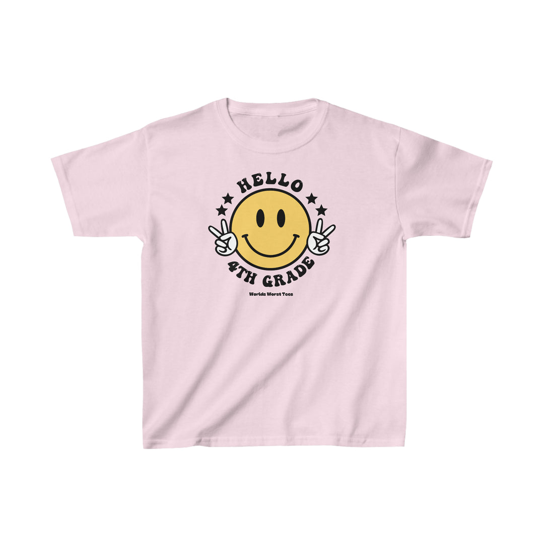 Hello 4th Grade Kids Tee: Pink shirt with smiley face, peace signs, and cartoon hand making a peace sign. 100% cotton, light fabric, tear-away label, classic fit. Ideal for everyday wear.