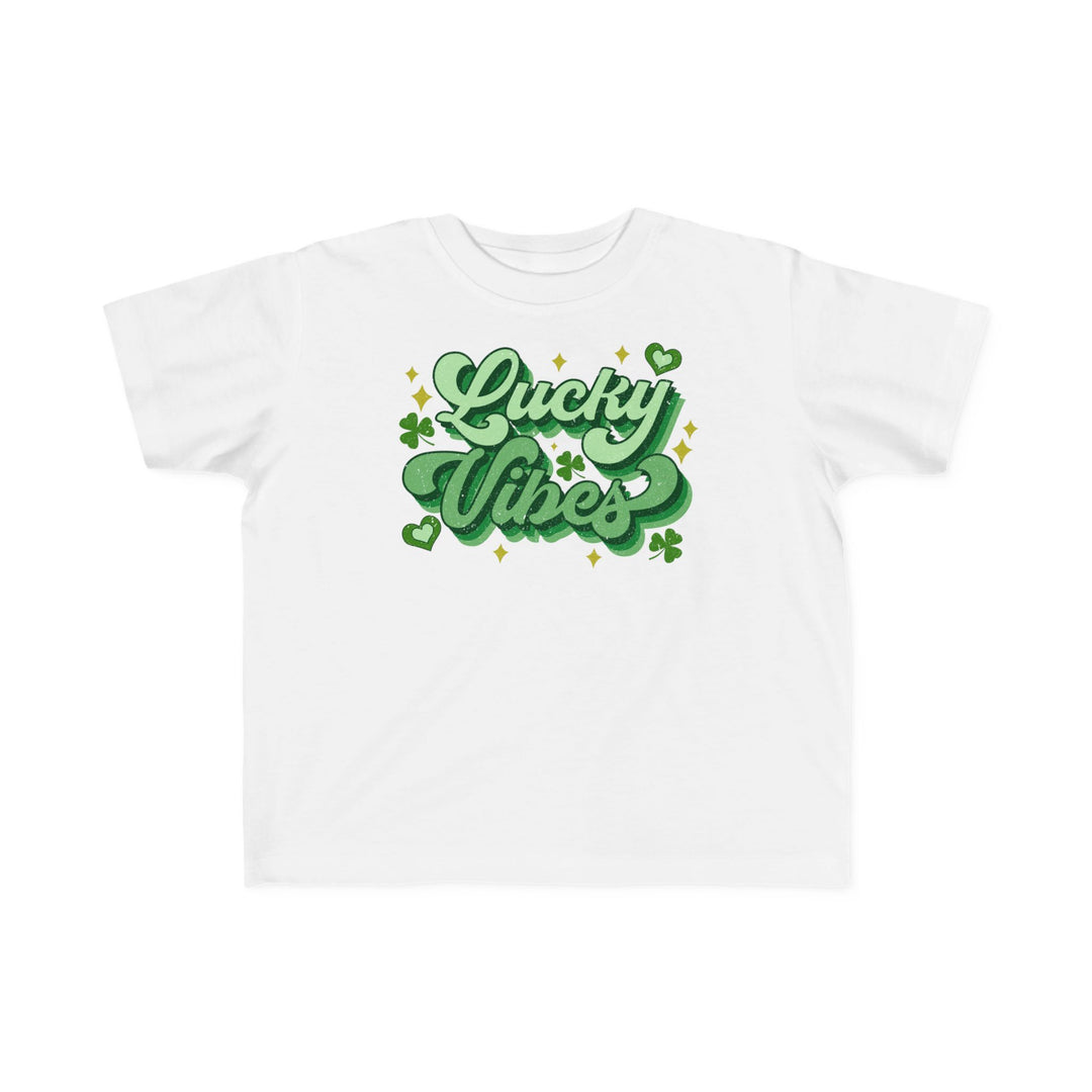 Good Day Lucky Day Toddler's Tee features green text with shamrocks and stars on a white background, crafted for soft, durable comfort.