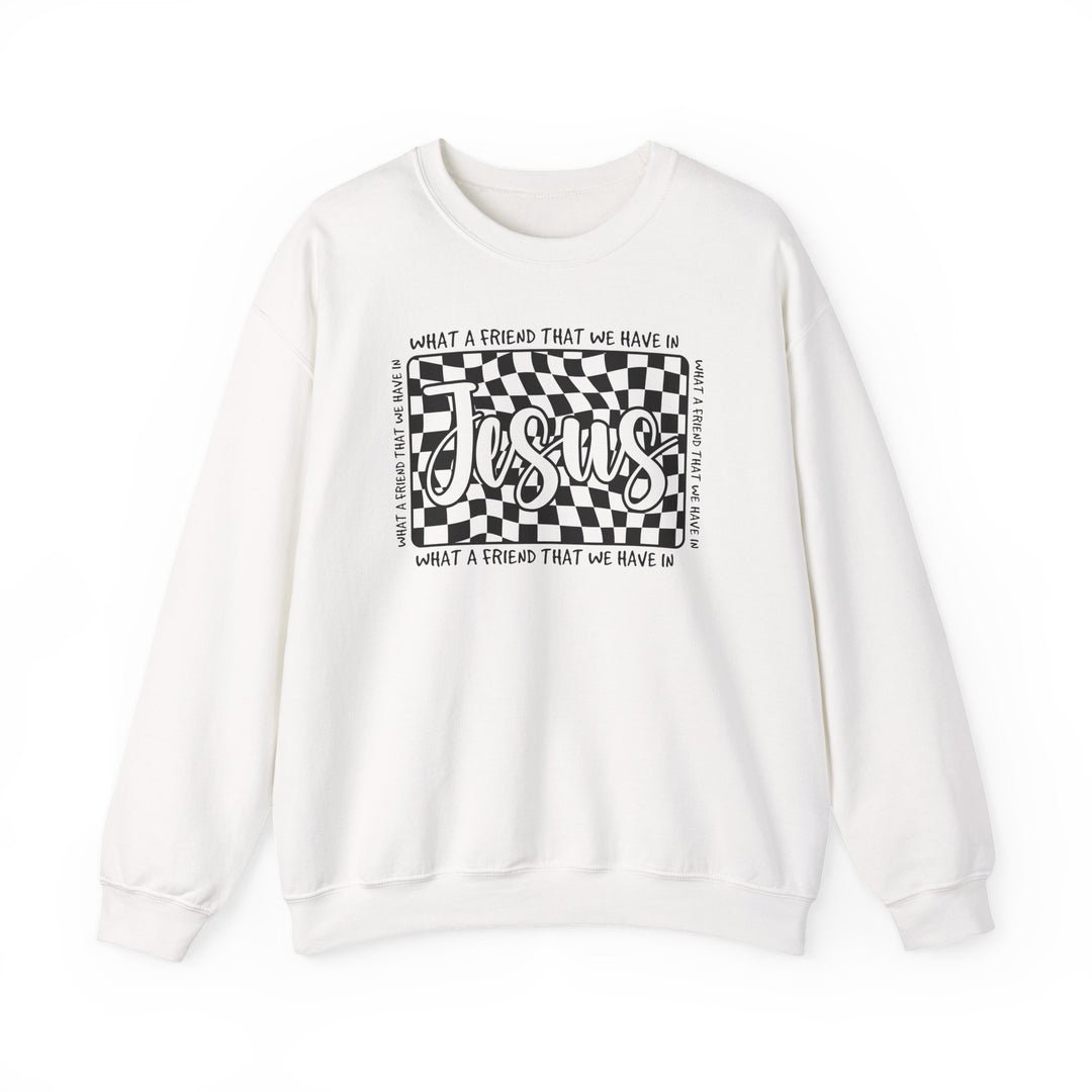 White crew-neck sweatshirt featuring a black-and-white distorted checkerboard graphic with Jesus in hand-lettered style; surrounded by What a friend we have in text.