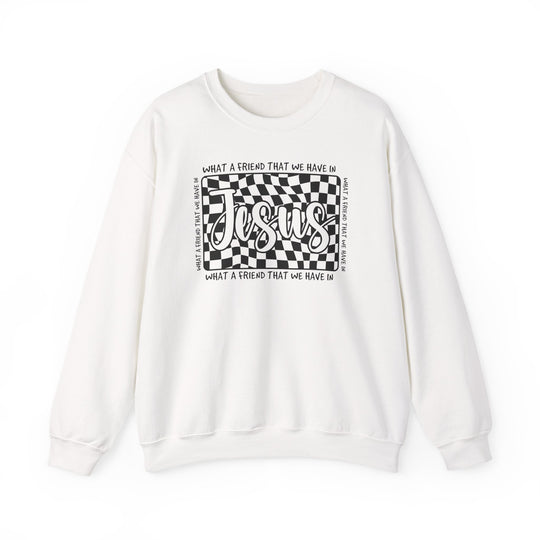 White crew-neck sweatshirt featuring a black-and-white distorted checkerboard graphic with Jesus in hand-lettered style; surrounded by What a friend we have in text.