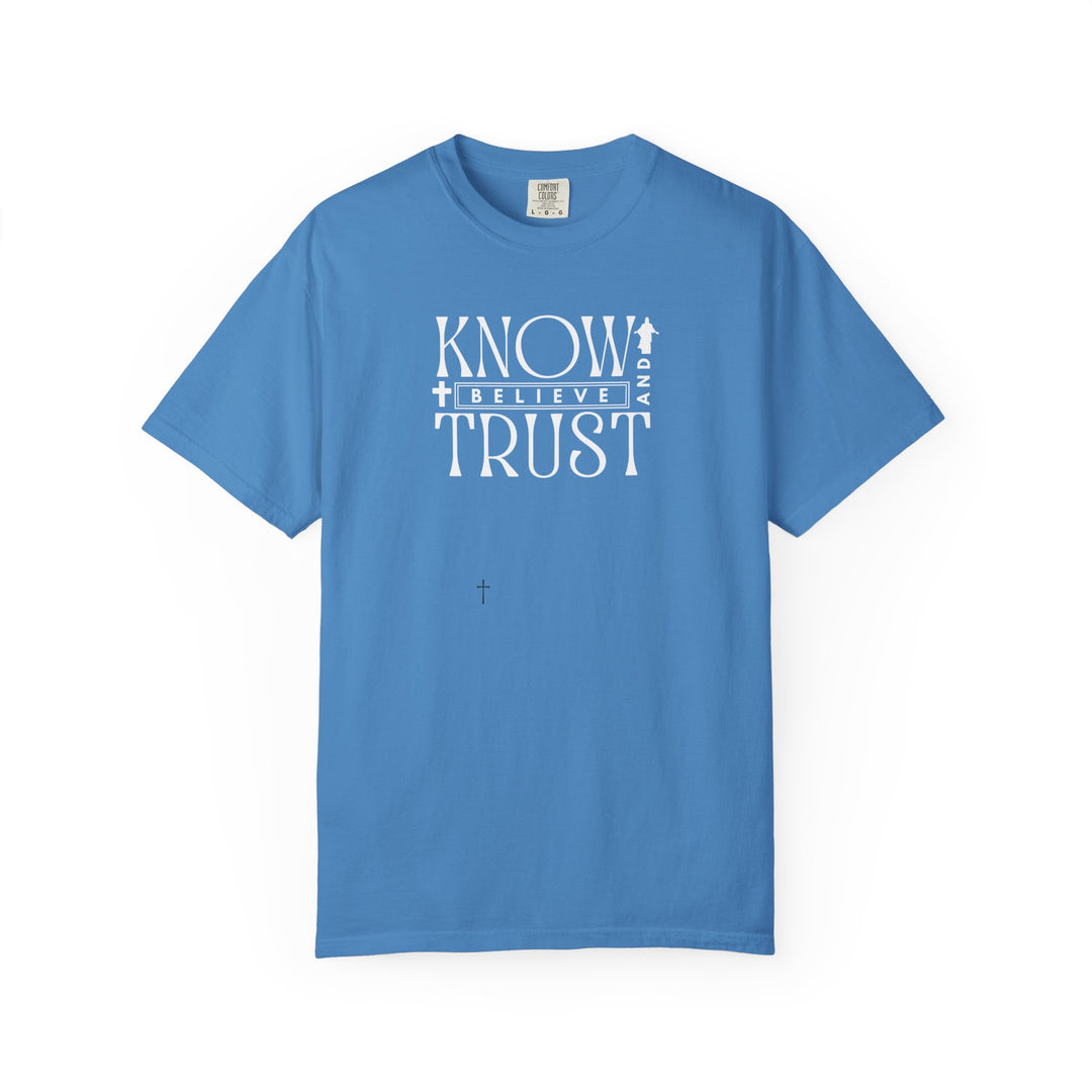 Know, Trust, Believe Tee featuring a blue t-shirt with white text and a cross design, crafted from soft, durable ring-spun cotton for everyday comfort.