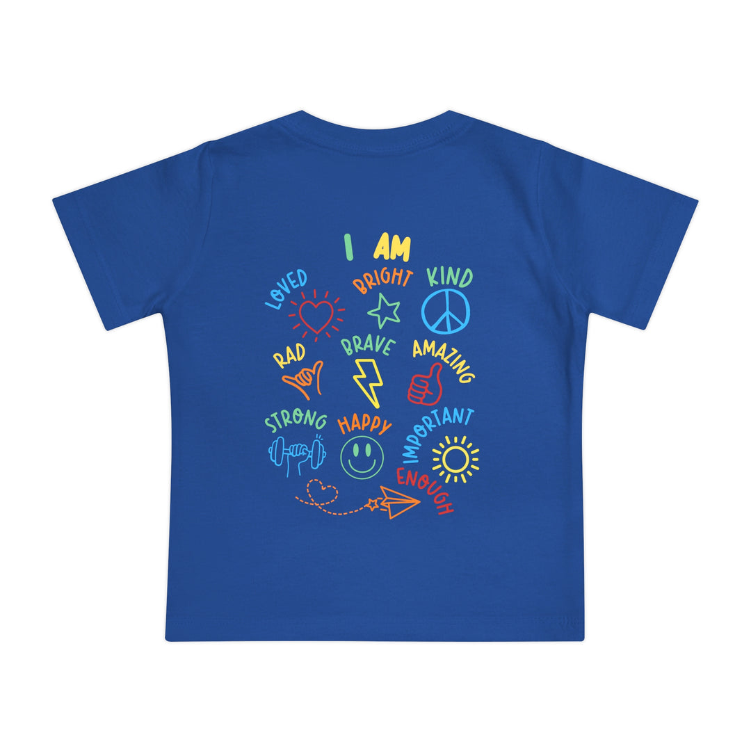 Blue I AM Baby Tee with circular affirmations and doodles like hearts and stars, crafted from soft, durable cotton for comfort and style in infant sizes.