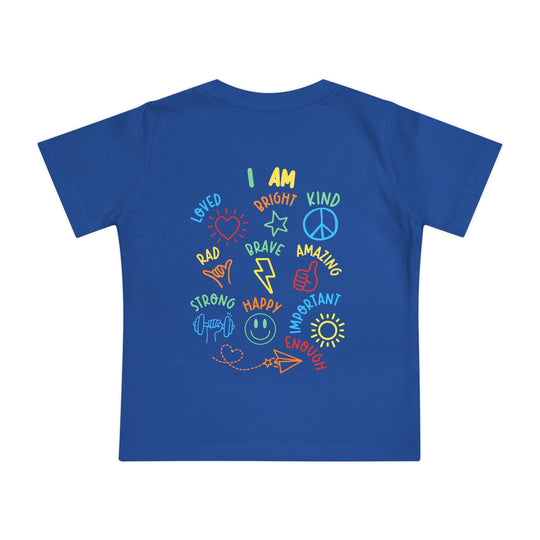 Blue I AM Baby Tee with circular affirmations and doodles like hearts and stars, crafted from soft, durable cotton for comfort and style in infant sizes.