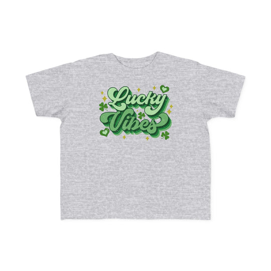 Good Day Lucky Day Toddler's Tee, featuring green text on a grey t-shirt, made from soft, 100% combed cotton for toddler comfort.