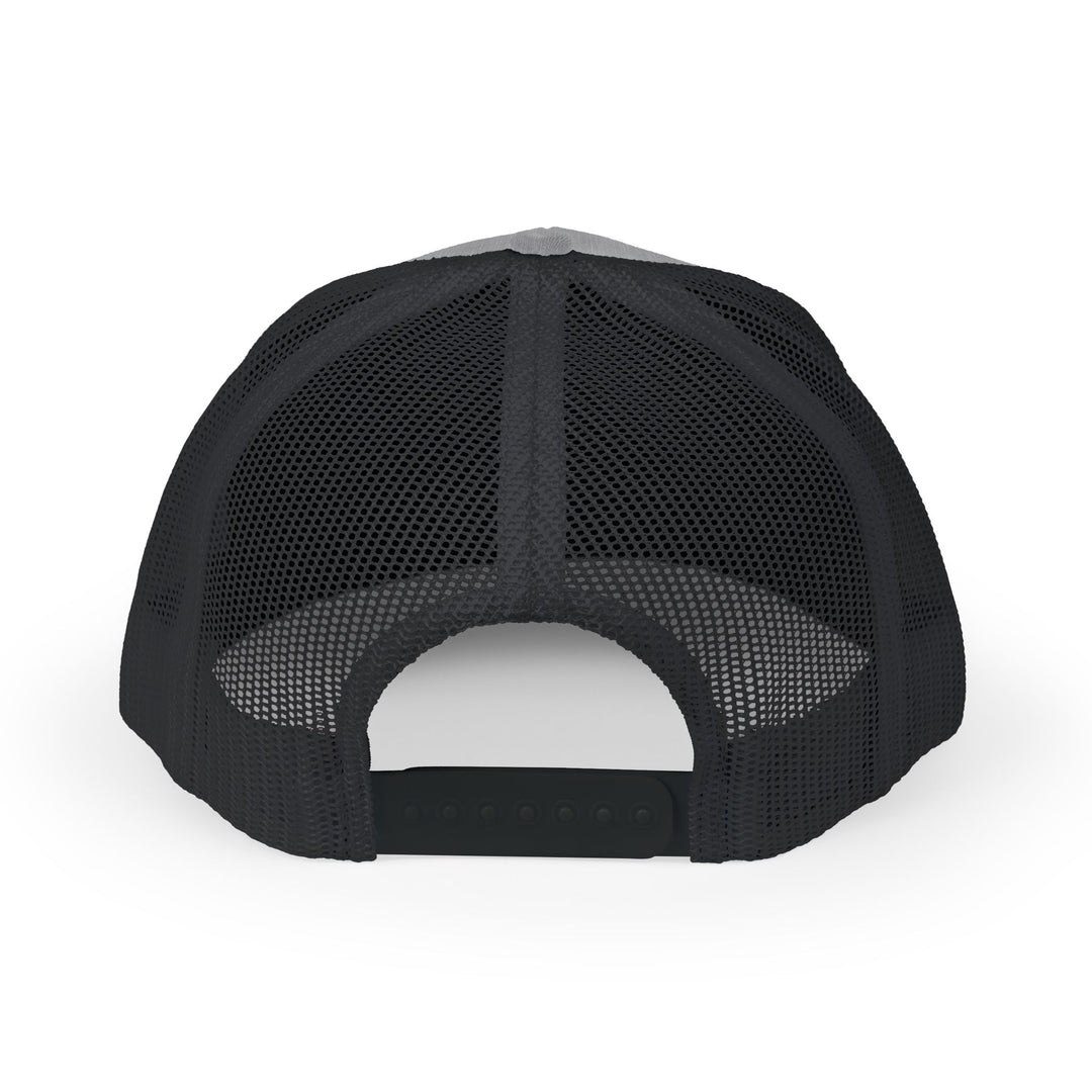 Grammy Snapback Trucker Cap with a mid-profile fit, 6-panel design, pre-curved visor, mesh back, and adjustable snap closure for casual style and comfort.