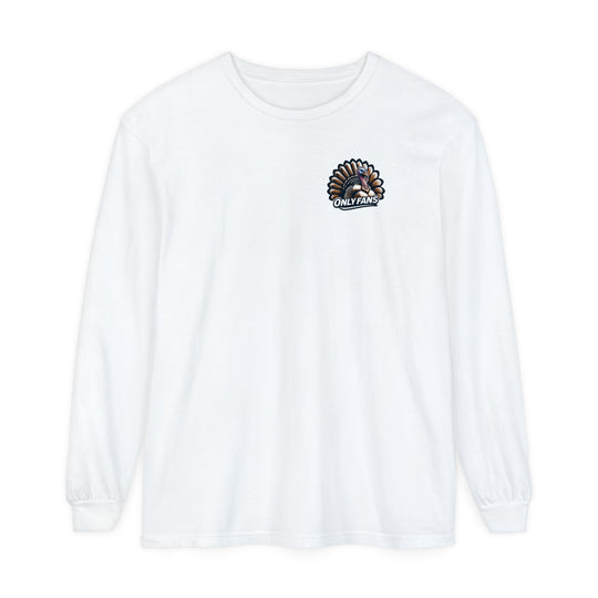 A white long-sleeve shirt featuring a turkey logo, ideal for Turkey Hunting Tee enthusiasts. Made of 100% ring-spun cotton with a classic fit and garment-dyed fabric for comfort and style.