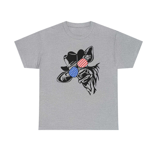 A grey t-shirt featuring a cow in a hat and sunglasses, part of the 4th of July Family Dude Cow Tee collection. Unisex heavy cotton tee with no side seams, ribbed knit collar, and durable tape on shoulders.