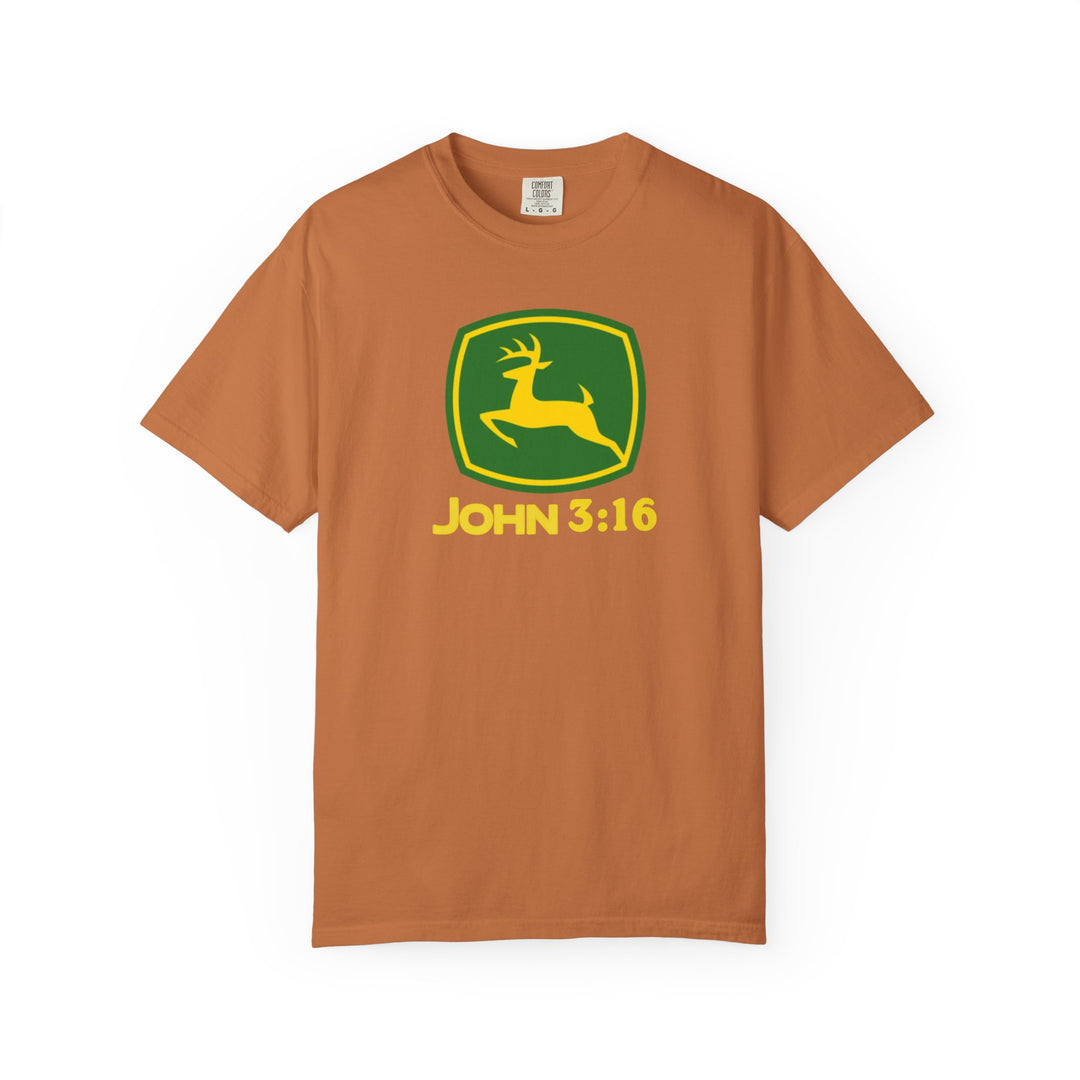 John 3:16 Tee in earthy-orange features a leaping deer inside a green-and-yellow shield on the chest, crafted for comfort with durable, soft-washed cotton.