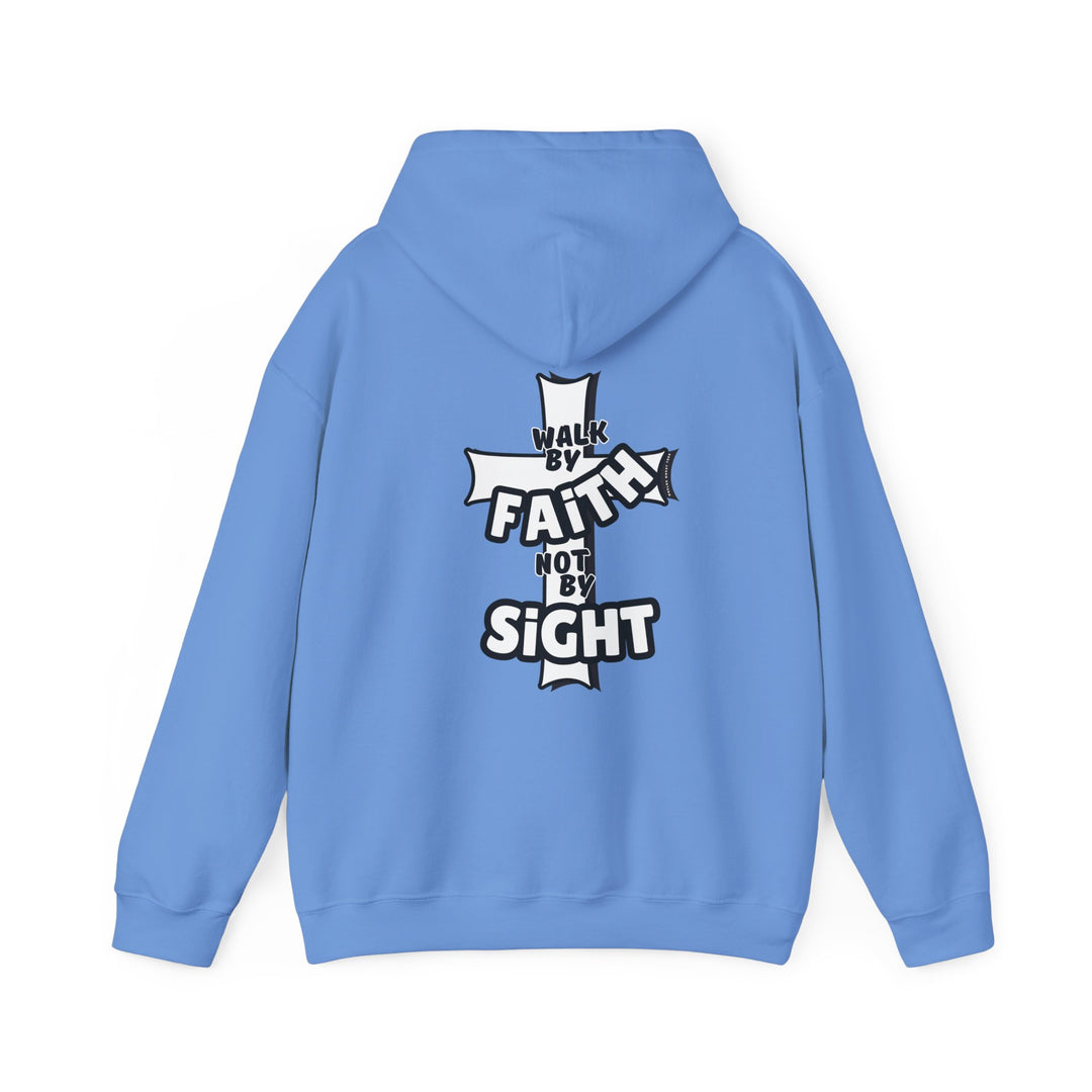 Unisex Walk By Faith Not By Sight Crew hoodie: Blue with white text, kangaroo pocket, drawstring hood. 50% cotton, 50% polyester blend, medium-heavy fabric, tear-away label. Plush, warm, ideal for printing.