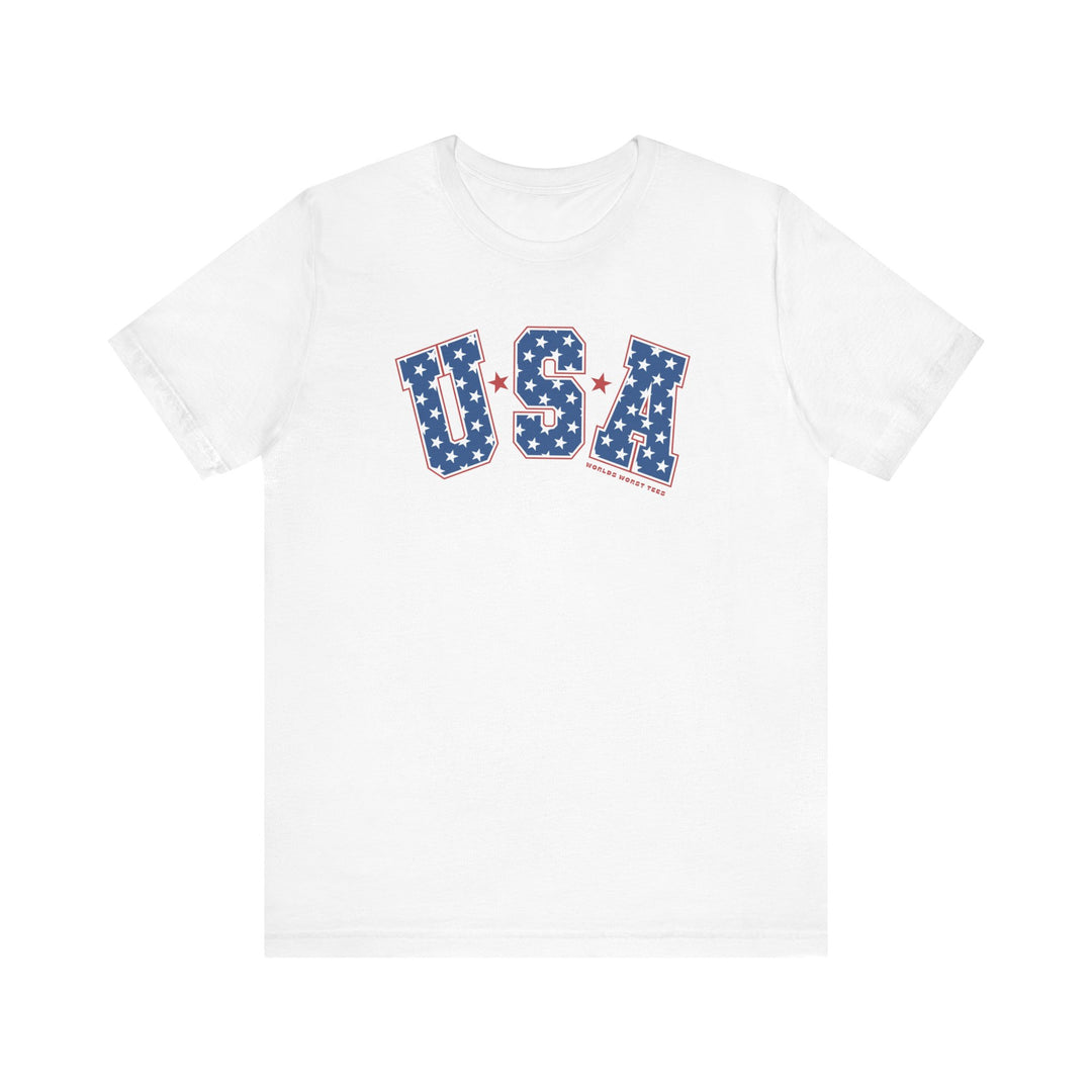 A USA Tee featuring red and blue text on a white shirt. Unisex jersey tee with ribbed knit collars, taping on shoulders, and dual side seams for durability. Made of 100% Airlume combed and ringspun cotton.