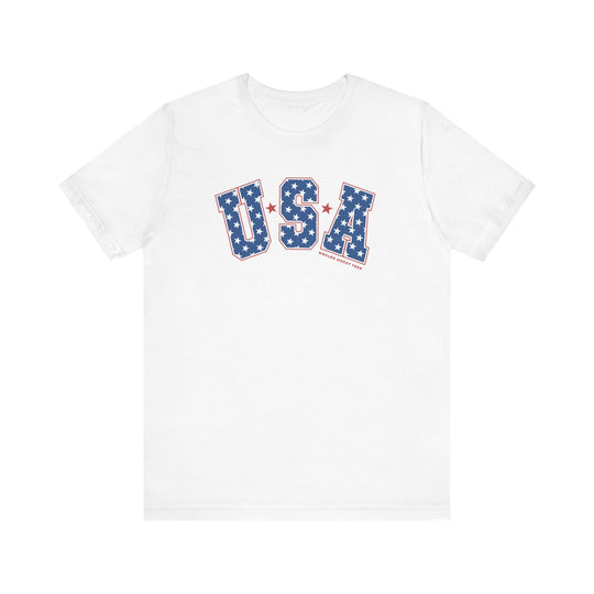 A USA Tee featuring red and blue text on a white shirt. Unisex jersey tee with ribbed knit collars, taping on shoulders, and dual side seams for durability. Made of 100% Airlume combed and ringspun cotton.